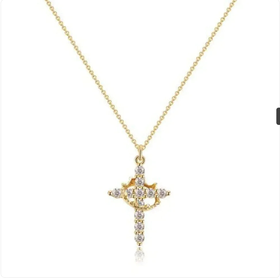 Zircon Cross Crown Pendant Necklace